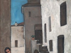 Post-War Realist Oil Painting signed Old Italian Village with Female Figures