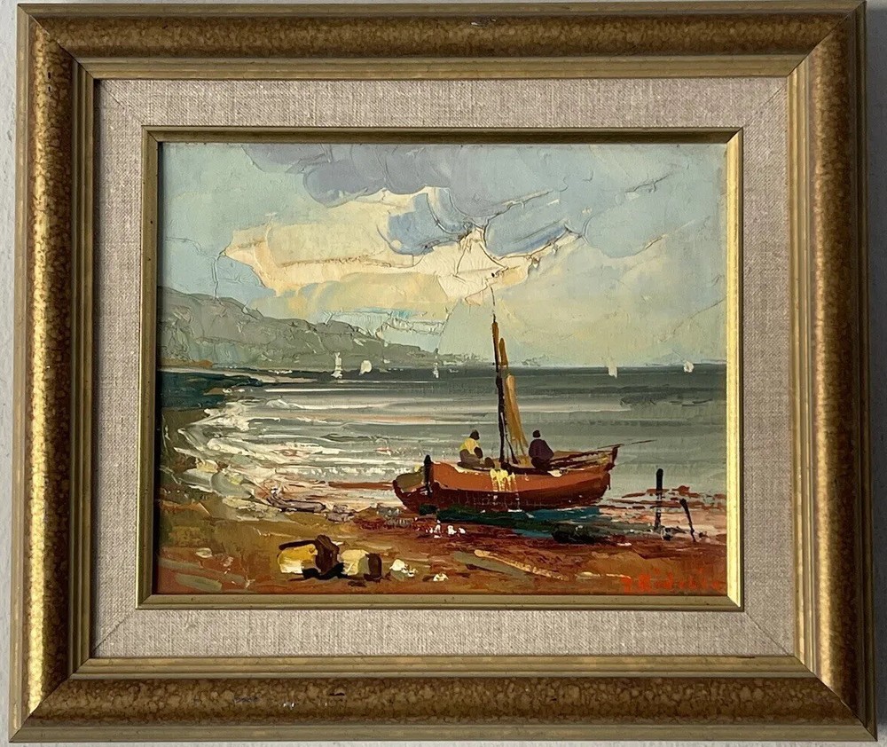 COOL ANTIQUE MID CENTURY MODERN BOAT LANDSCAPE OIL PAINTING OLD VINTAGE SEASCAPE
