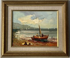 COOL ANTIQUE MID CENTURY MODERN BOAT LANDSCAPE OIL PAINTING OLD VINTAGE SEASCAPE