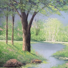R Garcia Original Oil Painting Spring Landscape Tree Lake Pond Wood Framed