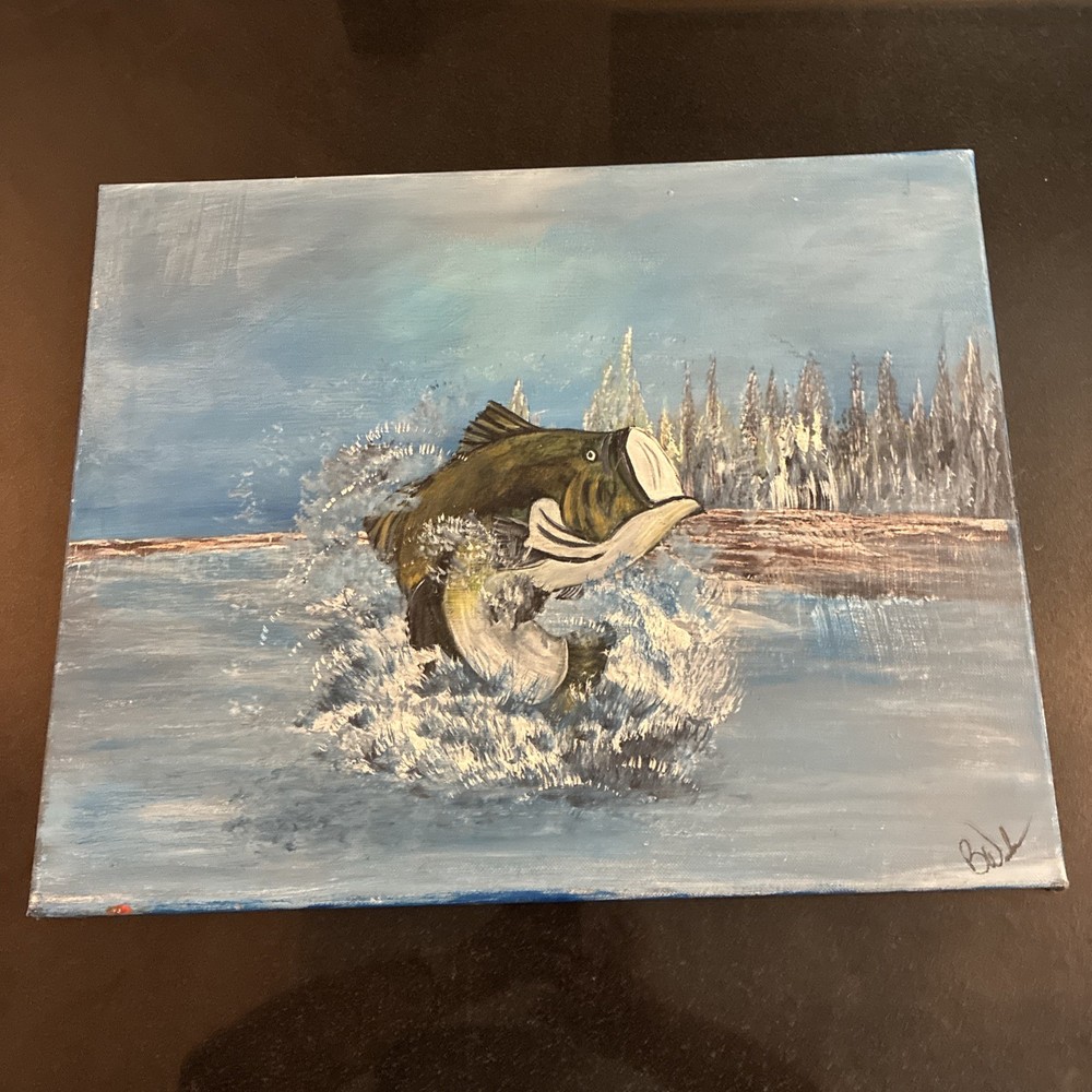 Large mouth Bass Jumping, Acrylic On Canvas, 16×20 Signed