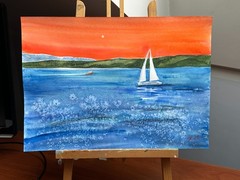 Original Watercolor Sailboat Painting – Seascape with Sunset Sky and Ocean Waves