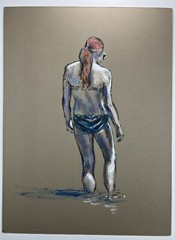 Vtg Women In Swimsuit Walking In Water Summer Beach 16×12” Watercolor Painting