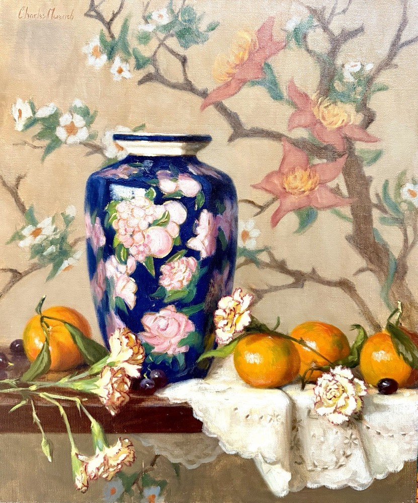 Charles Muench Signed Original Canvas Still Life Vase Flowers Fruit 20×24”