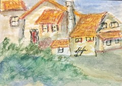 ACEO Original Watercolor Painting A Country House ink markers Signed