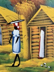 Signed Haitian Folk Art Village Landscape Painting 16 x 12 Colorful Naive