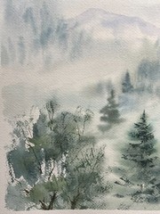 Original Watercolor Painting Landscape Nature Forest Fog Mist – 9×12 inches