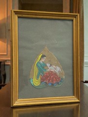 Vintage Indian Leaf Painting Reclining Woman With Attendant Painted Framed Art
