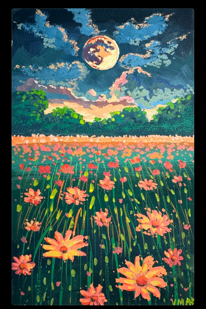 Wildflowers Painting Original Landscape Moon Forest Nature Impressionism Art