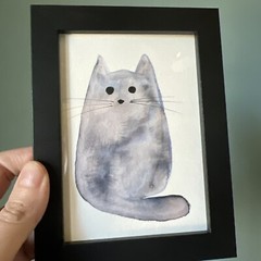 Gray Cat,funny,cute,original,watercolor miniature Painting,small,mini,framed
