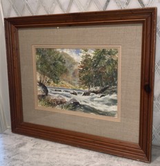 Vintage Original Landscape River Creek Watercolor Framed Matted Signed 23”X19”