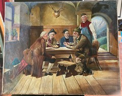 VERY OLD SIGNED ???? SCHUSTER OIL ON CANVAS nailed to stretcher