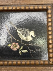 Jeanne Reifel Signed Scratch Board Black White Bird & Pink Flower Miniature. 21