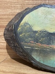 Live Edge Wood Slab Painting French Castle Lake Bridge Landscape 15” Vintage