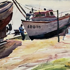 Listed HELEN A. KING (1900-77) Watercolor / BOATS & FISHERMEN / Matted To 21×27