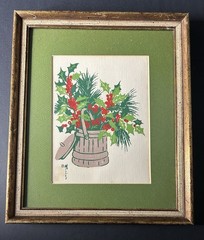 Vtg Christmas Watercolor Holly Pine Basket Gold Frame 10.5 “x 9″ Signed B Miller