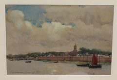 SYDNEY RICHMOND BURLEIGH Original Watercolor Coastal Town with Boats 1925
