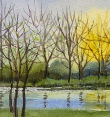 Original Pamela Wilhelm Loos Watercolor Hills Farm White House Early Winter