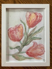 Original pink tulips watercolor painting signed framed 6×8