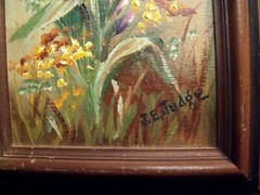 CHARMING 5″ BY 7″ J.E. JUDGE (JANET GREENLEAF) IRIS / WILDFLOWER OIL PAINTING
