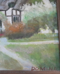Vintage Signed Domina Original Oil Painting Thatched Cottage English 12 x 14