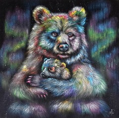 Original Acrylic Bear Painting Rainbow Mother Cub Wildlife Velvet Art 16×16