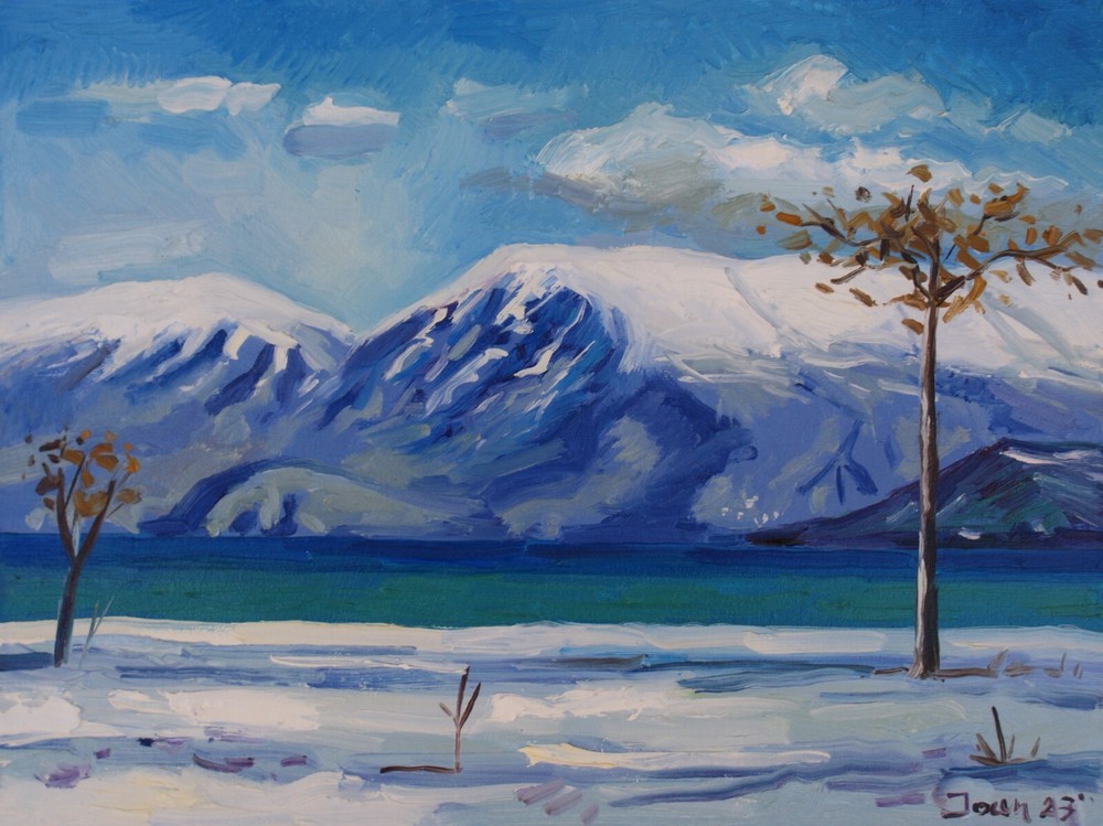 Oil painting on panel winter in Pogradec, 30cmx40xm
