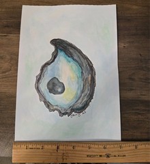 Original Coastal watercolor and ink painting of an Oyster Handpainted