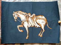VINTAGE BATIK ART STONE HORSE TANG 1950S era Cloth Print Wall Art