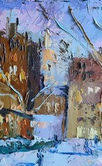 oil painting on canvas board original handmade art city snowy winter evening