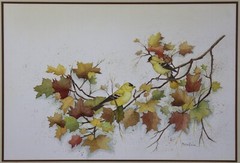 Marisa Baron Goldfinch Birds & Autumn leaves, watercolor painting Indiana artist