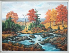 Vintage Fall Landscape Oil Painting Hal Sautter Mountain River Waterfalls 31×39″