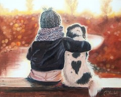 Original Oil Painting Dog Puppy Landscape Art People Autumn Hand Painted 20×16