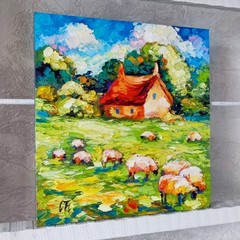 original oil painting Irish Cottage Sheep Landscape Impasto wall art 8*8 inch