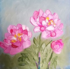 Peonies flowers floral impasto handmade oil painting 5 by 5 inches on cardboard