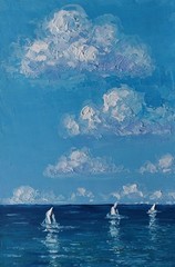 Framed Calm Seascape White Sailboats Cloudy Sky Art 4×6″ Oil Painting Original