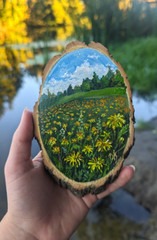 Original Painting on a slice of wood,“Dandelions“- handmade, 13×13 cm