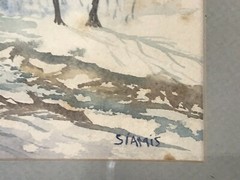 Winter Landscape Watercolor Painting Stark Siamis Artist Signed 18 X 15″ Vintage