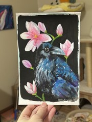 Original Raven floral gouache painting 6×9 inches, Unframed