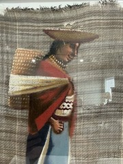 Vtg Ecuador Painting on Woven Horse Hair Frame Woman Walk Barefoot 24 3/8” X 20”