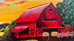 Large Original Canvas Red Barn Farmhouse Wall Art Rustic Country Landscape Sunse