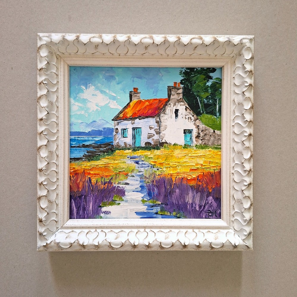 Oil landscape „Irish Cottage“ Oil Painting: Colorful Flower Field Original 6×6