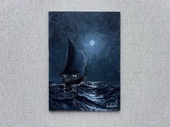 Original Night Sailboat Oil Painting, Vertical Moonlit Sea Miniature, Dark Moody