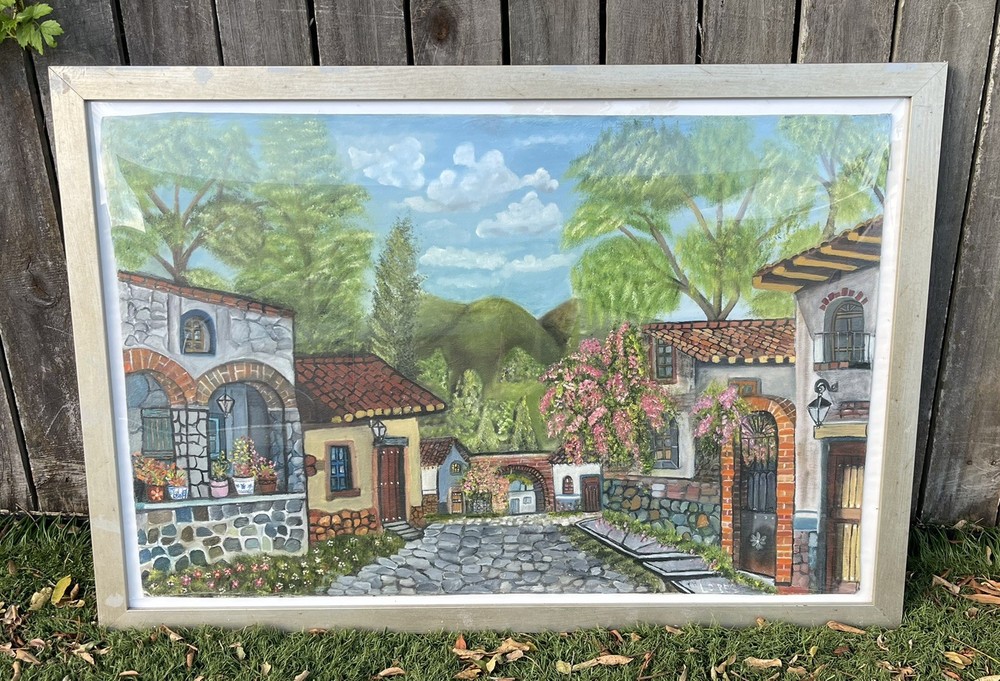 Vintage Original Oil Painting Spanish Village Signed LOPES Framed 28×38”
