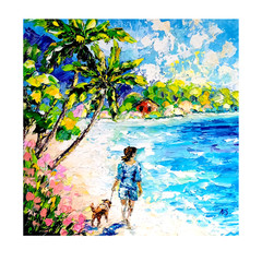 Girl Walking Dog Oil Painting Tropical Coastal Palm Tree Original Art 8×8″