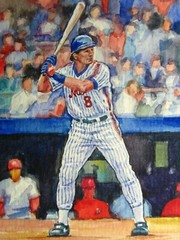 Watercolor Painting Sport Baseball Player Ball Wooden Bat ACEO Art