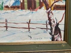 Vintage 1965 Primitive Grandma Moses Style winter oil painting by L Doucette
