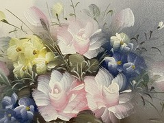 Vintage Fabulous ORIGINAL Pink Roses on Gray SIGNED Yellow Blue Floral FRAMED