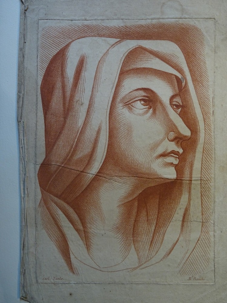 VAN LOO (1705-1765) LARGE ENGRAVING SEPIA XVIII° PORTRAIT VIRGIN WOMAN ROCOCO