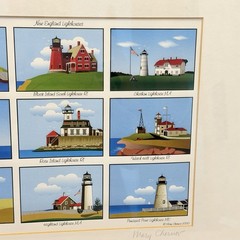 VTG Lighthouse Print Signed Coastal New England Art Watch Hill Beavertail RI MA